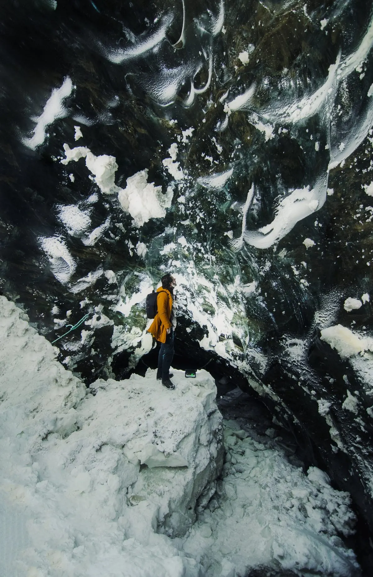 Looking up at the ice cave ceiling